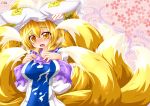 1girl blonde_hair blush breasts dress fox_tail hat hat_with_ears highres kazami_karasu large_breasts looking_at_viewer multiple_tails open_mouth solo tabard tail tears touhou white_dress yakumo_ran yellow_eyes 