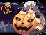  cross graveyard halloween head_wings headwings jack-o'-lantern jack-o-lantern long_hair pumpkin red_eyes silver_hair thigh-highs thighhighs tombstone tombstones wings 