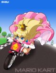  blonde_hair blue_eyes crown dress luigi motor_vehicle motorcycle nintendo pink_dress princess_peach shisui super_mario_bros. vehicle wind_lift 