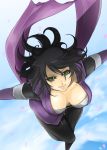  akishima_kei bad_id black_hair breasts cherry_blossoms cleavage green_eyes japanese_clothes large_breasts ninja petals sheena_fujibayashi short_hair sky smile solo tales_of_(series) tales_of_symphonia 