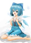  1girl barefoot blue_dress blue_eyes blue_hair blush cirno dress full_body hair_ornament hair_ribbon ice ice_wings nise_(__nise6__) off_shoulder open_mouth puffy_sleeves ribbon short_hair short_sleeves sitting snowflakes solo touhou white_background wings 