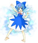  bad_id barefoot bow cirno feet happy miya_(artist) miya_(tsumazukanai) solo touhou wave waving 