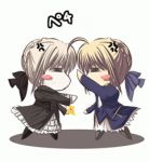  2girls ahoge animated_gif artoria_pendragon_(all) battle black_dress blue_dress cheeks chibi dark_saber dress dual_persona fate/stay_night fate_(series) fighting gif gothic_lolita lolita_fashion lowres pantyhose ribbon saber saber_alter type-moon 