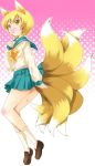  blush fox fox_ears fox_tail kyuubi michii_yuuki multiple_tails ribbon ribbons school_uniform tail touhou yakumo_ran 