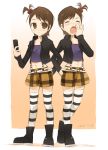  cellphone futami_ami futami_mami hair_bobbles hair_ornament idolmaster jacket noripachi phone punkish_gothic siblings sisters striped striped_legwear striped_thighhighs suspenders thigh-highs thighhighs twins yawn yawning 