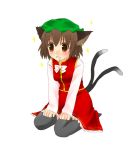  black_legwear brown_eyes brown_hair cat_ears cat_tail chen earrings hat jewelry multiple_tails saliva short_hair solo tail thigh-highs thighhighs touhou yuuki_(ashitahare) 