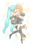  blush closed_eyes hatsune_miku kagamine_rin kiss mofamofa multiple_girls thighhighs vocaloid yuri 