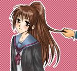  brown_hair genderswap hair_pull kyon kyonko meso nekochi ponytail school_uniform suzumiya_haruhi_no_yuuutsu 