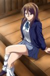  1girl brown_eyes brown_hair crossed_legs extra k-on! long_hair loose_socks school_uniform sitting socks tachibana_himeko tyotyotyori 