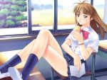  blue_eyes book brown_hair classroom crossed_legs desk jiyuuyuu juice_box legs_crossed long_hair original school_uniform sitting skirt socks uwabaki 