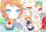  bird birds blonde_hair blue_eyes blue_hair cake food isaki_uta maid orange_hair pastry red_eyes tea.x waiter 
