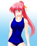  1girl blue_eyes blush breasts competition_swimsuit engo_(aquawatery) hair_ribbon highres large_breasts long_hair lyrical_nanoha mahou_shoujo_lyrical_nanoha mahou_shoujo_lyrical_nanoha_a&#039;s one-piece_swimsuit pink_hair ponytail ribbon signum solo swimsuit 