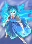  bad_id blue_eyes blue_hair bow cirno fighting_stance glowing gochou_(comedia80) hair_bow ice ice_wings large_bow magic serious short_hair sketch touhou tsurime wings 