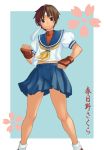  bare_legs blue_background brown_eyes brown_hair cherry_blossoms fingerless_gloves gloves headband highres kasugano_sakura knees looking_at_viewer midriff miniskirt neckerchief sailor_crest school_uniform serafuku shirt short_hair short_sleeves skirt socks solo standing street_fighter street_fighter_zero street_fighter_zero_ii streetfighter text tokita_arumi translation_request 