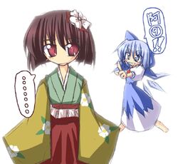  ? bow cirno hieda_no_akyu hieda_no_akyuu ichidai_taisa japanese_clothes lowres multiple_girls touhou translated ⑨ 