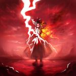  fire hakurei_reimu lightning lowres red red_background solo tanaka_ken'ichi tanaka_kenichi touhou 