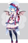  +_+ 1girl :t alternate_costume backpack bag bangs bat_wings black_legwear blue_hair commentary_request doily full_body grey_background hat hat_ribbon highres long_sleeves looking_at_viewer nikorashi-ka pleated_skirt pointy_ears randoseru red_bag red_eyes red_footwear red_ribbon remilia_scarlet ribbon shirt shoes skirt sleeves_past_wrists solo thigh-highs touhou white_headwear white_shirt white_skirt wings 