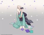  bow confetti gozou_roppu green_eyes hair_bow japanese_clothes kimono kneeling seiza sitting twintails yokozuwari 