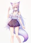  1girl absurdres animal_ears antenna_hair bangs bare_legs bare_shoulders bra_strap commentary_request feet_out_of_frame fox_ears fox_tail grey_background hair_between_eyes hand_up highres kirby_d_a long_hair looking_at_viewer miniskirt off-shoulder_shirt off_shoulder original purple_skirt shirt short_sleeves silver_hair simple_background skirt smile solo standing tail thighs very_long_hair violet_eyes white_shirt 