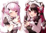  2girls :d ;) alternate_costume animal_ear_fluff animal_ears bangs bell black_dress black_hair blush bow breasts cat_ears cat_girl cat_tail closed_mouth collared_shirt commentary_request double_bun dress enmaided eyebrows_visible_through_hair grey_hair hair_bell hair_bow hair_ornament hair_ribbon hairclip hands_up jingle_bell long_hair long_sleeves looking_at_viewer maid maid_headdress medium_breasts multicolored_hair multiple_girls nijisanji one_eye_closed open_mouth pink_hair puffy_short_sleeves puffy_sleeves red_bow red_eyes red_ribbon redhead ribbon shiina_yuika shirt short_sleeves simple_background sleeveless sleeveless_dress sleeves_past_wrists smile steepled_fingers streaked_hair tail tail_bell tail_bow tail_ornament tail_raised tail_ribbon twintails two-tone_hair upper_body violet_eyes virtual_youtuber white_background white_shirt wrist_cuffs yamabukiiro yorumi_rena 