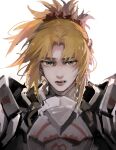  1girl armor bangs blonde_hair breastplate commentary_request fate/grand_order fate_(series) green_eyes hair_ornament hana_zi long_hair looking_at_viewer mordred_(fate) mordred_(fate)_(all) open_mouth parted_bangs ponytail red_scrunchie scrunchie shiny shiny_hair simple_background solo upper_body white_background 