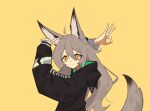  1girl absurdres animal_ears black_hoodie fenrir_(ghost_(tama)) ghost_(tama) grey_hair highres hood hoodie looking_at_viewer ok_sign orange_eyes original pose smile solo tail v-shaped_eyebrows wolf_ears wolf_girl wolf_tail yellow_background 