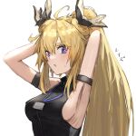  1girl arknights arm_strap armpits arms_behind_head bangs bare_shoulders blonde_hair blue_eyes blush breasts highres horns leizi_(arknights) long_hair looking_at_viewer ponytail raw_egg_lent simple_background sleeveless solo sweatdrop upper_body white_background 