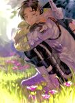  1boy absurdres apex_legends asian black_gloves black_hair black_pants boots crossed_arms crypto_(apex_legends) flower from_side gloves grass green_sleeves grey_eyes grey_jacket hack_(apex_legends) highres jacket kawaniwa looking_at_viewer pants partially_fingerless_gloves pink_flower smile solo squatting sunlight undercut white_footwear 