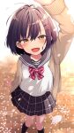  1girl absurdres black_hair brown_eyes cherry_blossoms fang highres open_mouth original school_uniform selfie serafuku short_hair solo sweater_vest uramakaron 