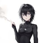  1girl absurdres black_hair black_shirt blue_eyes borrowed_character breasts cigarette hair_between_eyes hand_up highres holding jewelry long_sleeves looking_at_viewer medium_breasts medium_hair muyang necklace original parted_lips shirt simple_background smoke smoking solo turtleneck upper_body white_background yokoyama_ishimi 