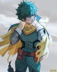  1boy absurdres artist_name bandaged_arm bandages belt blush bodysuit boku_no_hero_academia cape cowboy_shot english_commentary freckles gloves green_bodysuit green_hair hands_up heart highres hood hood_down light_smile looking_to_the_side male_focus midoriya_izuku pants scarf short_hair solo spoilers torn_cape torn_clothes viktoria_ridzel white_gloves yellow_cape 