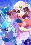  1girl absurdres bangs blue_eyes blurry blush brown_hair clenched_hand closed_mouth collarbone eyelashes floating_hair frills gen_4_pokemon glaceon hands_up highres looking_to_the_side may_(pokemon) paws petals pokemon pokemon_(anime) pokemon_(creature) pokemon_dppt_(anime) pon_yui shiny shiny_hair short_sleeves skirt smile spread_fingers toes 
