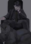  1boy belt black_hair black_pants black_shirt chair clenched_hand grey_background hand_on_own_cheek hand_on_own_face highres male_focus mtmr_0721 necktie panther pants sangatsu_no_lion serious shigeta_morio shirt short_hair simple_background sitting spread_legs watch watch yellow_eyes 
