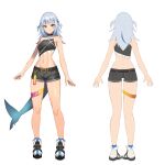 1girl alternate_costume bangs belt black_belt black_shorts blue_eyes blue_hair breasts character_name crop_top eyebrows_visible_through_hair gawr_gura highres hololive hololive_english korean_commentary midriff multicolored_hair multiple_views navel open_hands shark_tail shorts silver_hair small_breasts streaked_hair tail virtual_youtuber wangjook_(wj) white_background white_footwear wide_hips