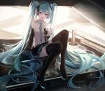  1girl :d absurdly_long_hair absurdres arm_support bangs bare_shoulders black_footwear black_legwear black_skirt black_sleeves blue_eyes blue_hair blue_neckwear blush buri_(retty9349) commentary_request detached_sleeves hand_on_own_chest hatsune_miku headphones high_heels highres knees_up long_hair long_sleeves looking_at_viewer miniskirt music_box necktie open_mouth shirt sitting skirt smile solo thigh-highs twintails very_long_hair vocaloid white_shirt wide_sleeves 