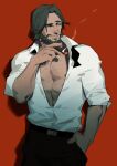  1boy abs absurdres bare_pecs beard chest_hair cigar cowboy_shot facial_hair hand_in_pocket highres horikwawataru looking_to_the_side male_focus mature_male mccree_(overwatch) muscular muscular_male nipple_slip nipples open_clothes open_shirt overwatch pectorals shirt short_hair smile smoke smoking solo white_shirt 