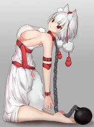  1girl absurdres animal_ears barefoot bdsm belt blush bondage bound breasts chain collar hat highres inubashiri_momiji large_breasts leather looking_at_viewer mamo_murata pom_pom_(clothes) red_eyes shirt short_hair sideboob silver_hair solo tagme tail tokin_hat touhou white_shirt wolf_ears wolf_tail 