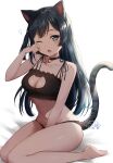  1girl ;o absurdres animal_ears bangs bare_arms bare_legs bare_shoulders bell black_bra black_choker black_eyes black_hair black_legwear black_panties bra cat_cutout cat_ears cat_girl cat_lingerie cat_tail choker clothing_cutout collarbone fang frilled_bra frills grey_eyes highres jingle_bell long_hair looking_at_viewer love_live! love_live!_nijigasaki_high_school_idol_club meme_attire mia_(fai1510) navel neck_bell one_eye_closed one_side_up panties rubbing_eyes sitting sleepy solo string_bra tail tail_raised underwear underwear_only waking_up wariza yuuki_setsuna_(love_live!) 