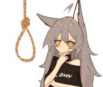  1girl animal_ears bangs black_shirt collarbone fenrir_(ghost_(tama)) ghost_(tama) grey_eyes grey_hair hand_on_own_chin highres man_looking_at_noose_(meme) meme noose off_shoulder original shirt solo thinking upper_body v-shaped_eyebrows white_background wolf_ears wolf_girl 