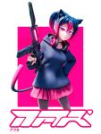  1girl 3d animal_ear_fluff animal_ears bangs black_hoodie cat_ears frown gradient_hair gun hair_between_eyes hand_on_hip headphones headphones_around_neck highres holding holding_gun holding_weapon hood hoodie leaning_to_the_side leggings multicolored_hair original pink_eyes pink_skirt pwr_aftr skirt solo submachine_gun valorant weapon 