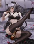  1girl absurdres animal_ears arknights bangs bare_arms bare_shoulders bed black_bra black_legwear bottle bra breasts cat_ears cat_tail commentary_request foot_out_of_frame grin hair_between_eyes hand_up highres holding huge_filesize indoors long_hair looking_at_viewer medium_breasts no_shoes parted_lips petals schwarz_(arknights) silver_hair smile solo somnuss stomach tail thigh-highs thighs underwear underwear_only very_long_hair yellow_eyes 