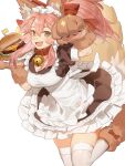  1girl :d absurdres animal_ears apron bell blush breasts dress fang fate/extra fate/grand_order fate_(series) food foot_out_of_frame fox_ears fox_girl fox_tail frilled_dress frills gloves hamburger highres holding holding_plate horikwawataru jingle_bell large_breasts long_hair looking_at_viewer maid_apron maid_headdress neck_bell open_mouth paw_gloves paw_pose paws pink_hair plate ponytail sidelocks smile socks solo sparkle tail tamamo_(fate)_(all) tamamo_cat_(fate) thigh-highs yellow_eyes 
