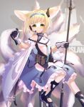  absurdres animal_ears arknights artist_name belt blonde_hair english_commentary fox_ears fox_tail gloves green_eyes grey_background headband headphones highres looking_at_viewer multiple_tails redn_art shoes short_hair simple_background staff suzuran_(arknights) tail 