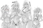  4girls abs absurdres blush breasts character_request copyright_request groin hand_on_own_stomach highres horns large_breasts looking_at_viewer medium_breasts miniskirt monochrome multiple_girls navel necktie no_pants nym one_eye_closed panties sketch skindentation skirt sports_bra twitter_username underwear white_background 