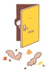  ._. ^_^ acorn ambiguous_gender animal autumn_leaves blush_stickers closed_eyes commentary_request door doorknob dot_mouth dot_nose facing_viewer flat_color from_outside hand_up happy hirasawa_minami leaf maple_leaf opening_door original peephole short_hair simple_background solo squirrel white_background 