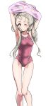  1girl absurdres armpits arms_up ass_visible_through_thighs bangs bare_shoulders braid braided_bangs breasts collarbone commentary_request feet_out_of_frame grey_eyes grey_hair hair_over_shoulder highres hisakawa_nagi idolmaster idolmaster_cinderella_girls long_hair long_legs low_twintails one-piece_swimsuit pizzasi red_swimsuit ribbed_swimsuit simple_background small_breasts solo standing swimsuit twintails undressing very_long_hair white_background 