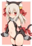  1girl animal_ear_fluff animal_ears bangs bare_shoulders bell black_gloves black_legwear blush border breasts cat_ears cat_tail center_opening elbow_gloves fake_animal_ears fate/kaleid_liner_prisma_illya fate_(series) fur_collar gloves hair_between_eyes hair_ribbon illyasviel_von_einzbern jingle_bell long_hair looking_at_viewer navel open_mouth pink_background red_eyes ribbon sidelocks small_breasts tail thigh-highs thighs toshishikisai white_border white_hair 