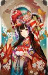  1girl absurdres asa_no_ha_(pattern) bangs bird black_hair blunt_bangs bow bug butterfly floral_print flower hair_bow hands_up hat highres hori_airi insect japanese_clothes kimono long_hair looking_at_viewer obi orange_eyes original print_kimono sash smile solo upper_body yellow_flower 