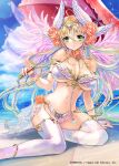  1girl beach bikini blonde_hair character_request feathered_wings feet_out_of_frame gem green_eyes hair_between_eyes head_wings highres holding holding_umbrella hori_airi horizon jewelry navel parasol pink_wings solo swimsuit thigh-highs umbrella water white_bikini white_legwear white_wings wings z/x 