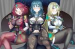 3girls absurdres bangs bare_shoulders black_gloves blonde_hair breasts byleth_(fire_emblem) byleth_eisner_(female) chest_jewel clothing_cutout dress earrings elbow_gloves fingerless_gloves fire_emblem fire_emblem:_three_houses gloves highres ii_tea jewelry large_breasts long_hair mythra_(xenoblade) pyra_(xenoblade) red_eyes red_legwear red_shorts redhead short_dress short_hair short_shorts shorts super_smash_bros. swept_bangs thigh-highs tiara very_long_hair white_dress white_gloves xenoblade_chronicles_(series) xenoblade_chronicles_2 yellow_eyes 